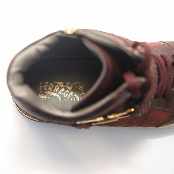 SALVATORE FERRAGAMO Size 9 Burgundy Leather Nayon Gancio High Top Sneakers - Picture 14 of 15